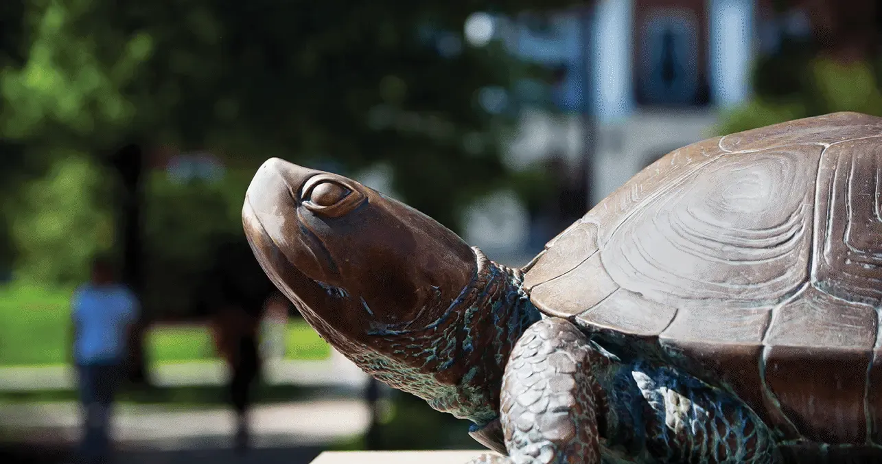 Bronze statue of Testudo the mascot looking proudly to the sky on a sunny day