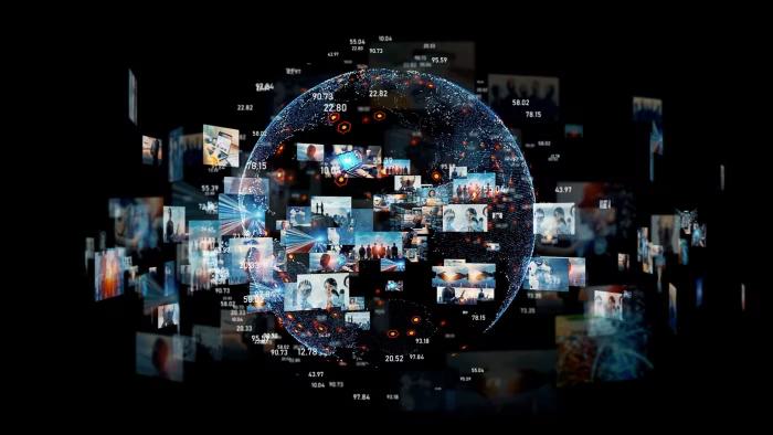 Collage of images on a tech-y background