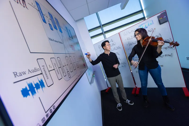 A woman plays a violin beside a researcher working on an AI program for music education