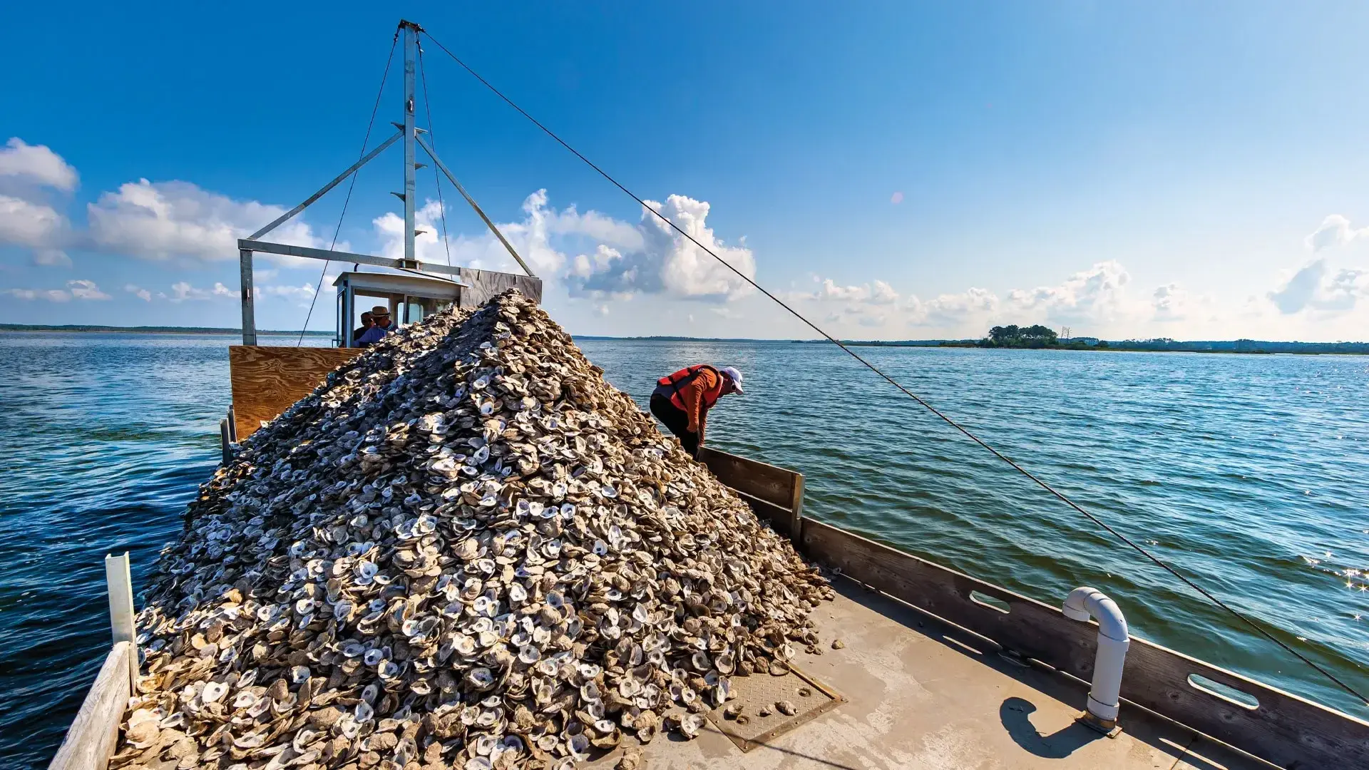 Seafood company owner Casey Todd (steering boat) prepares to dump tens of thousands of oyster shells near Crisfield, Md., to help young oysters thrive on the Chesapeake Bay bottom.