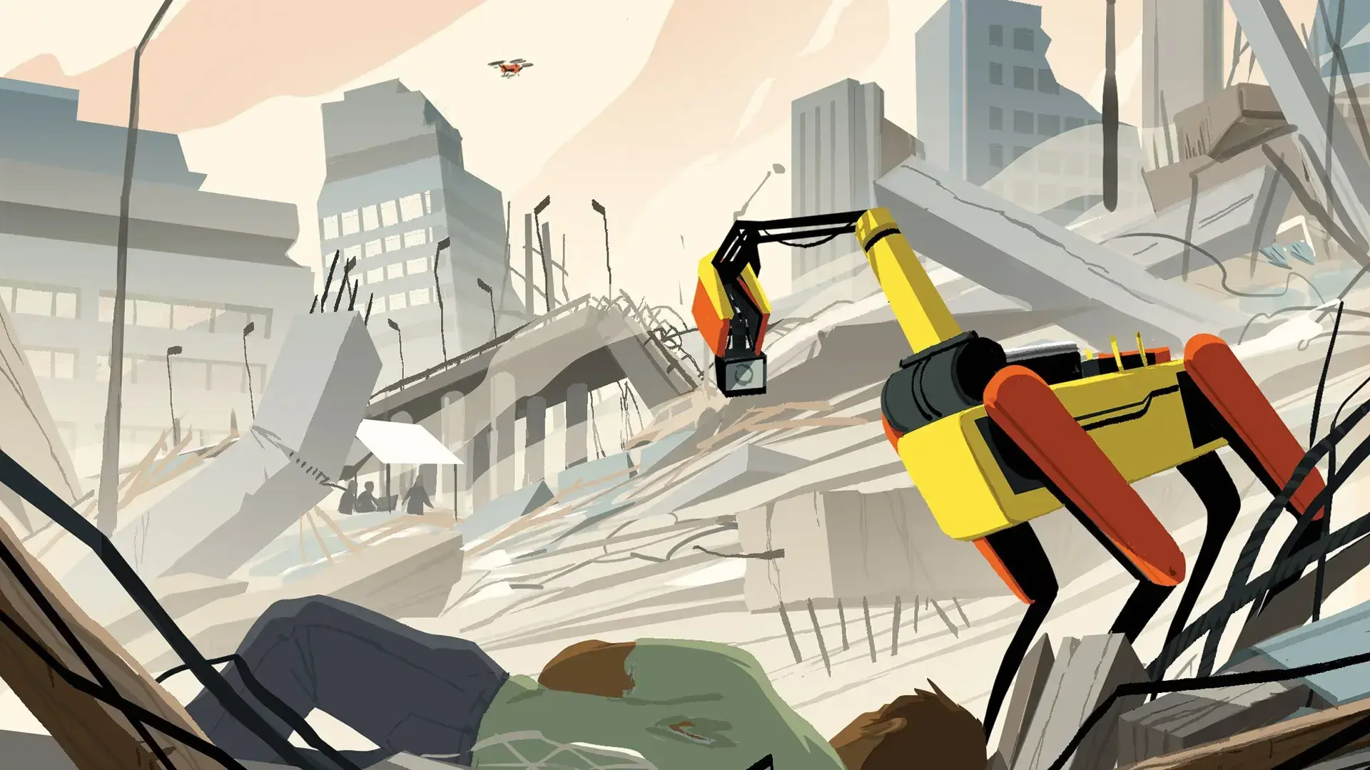 illustration of a disaster in a city with collapsed bridges and robot crane combing through rubble