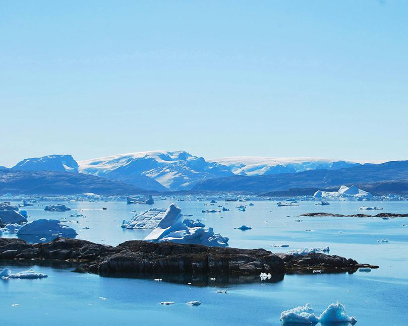 icebergs, water, terrain in Greenland
