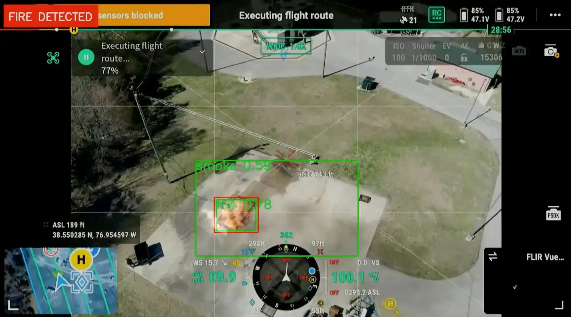 View of what the Crossfire drone's camera sees while detecting a fire below