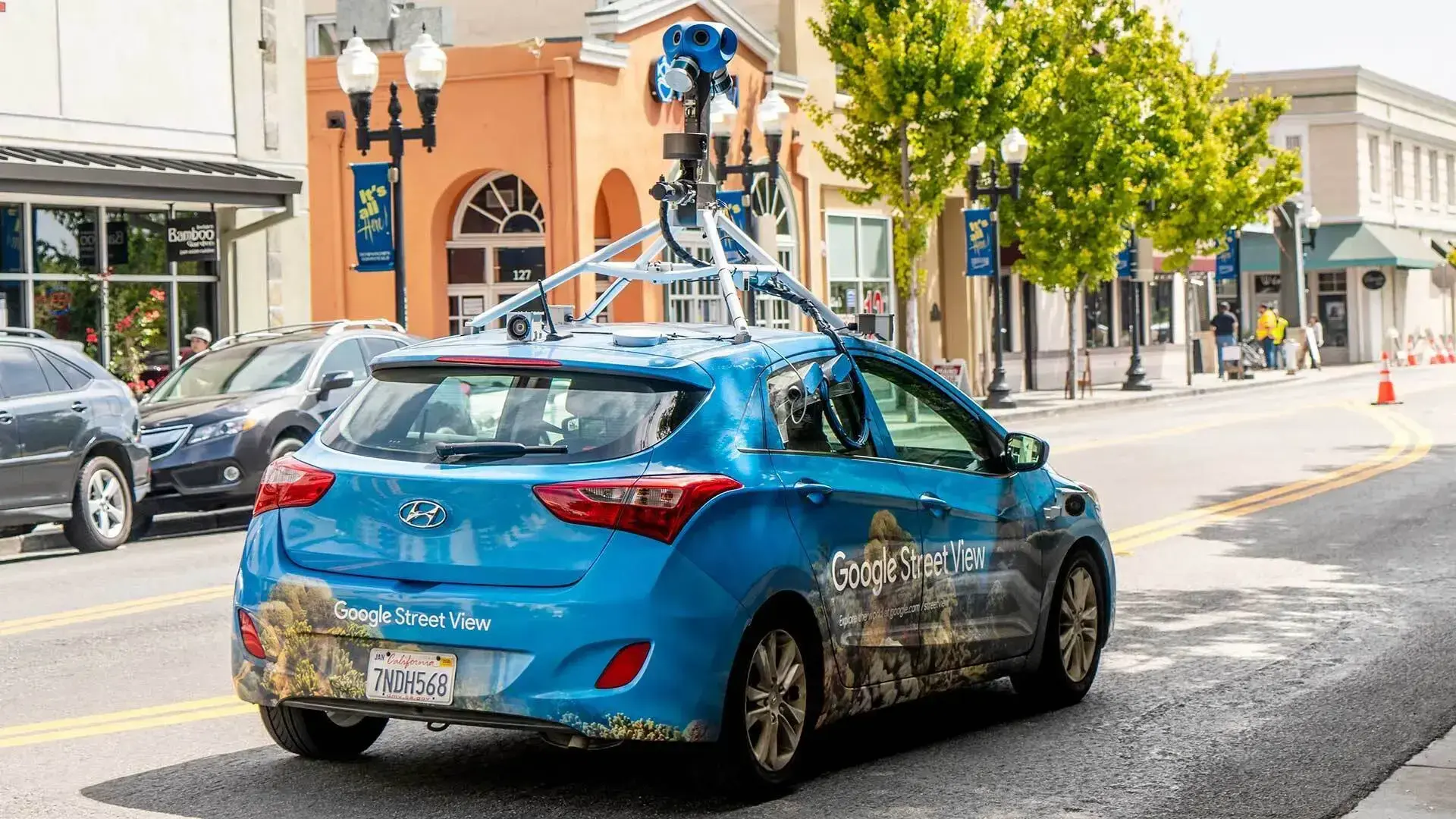 Google Street View car topped with a 360 degree camera.