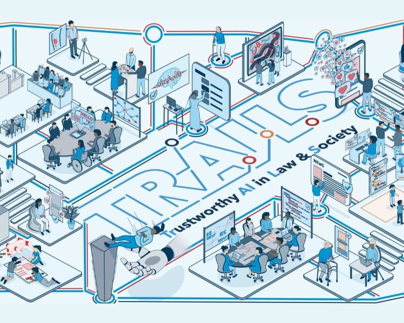 Illustration with people doing things like research, meetings, law, at computer. TRAILS in center: Trustworthy AI in Law & Society