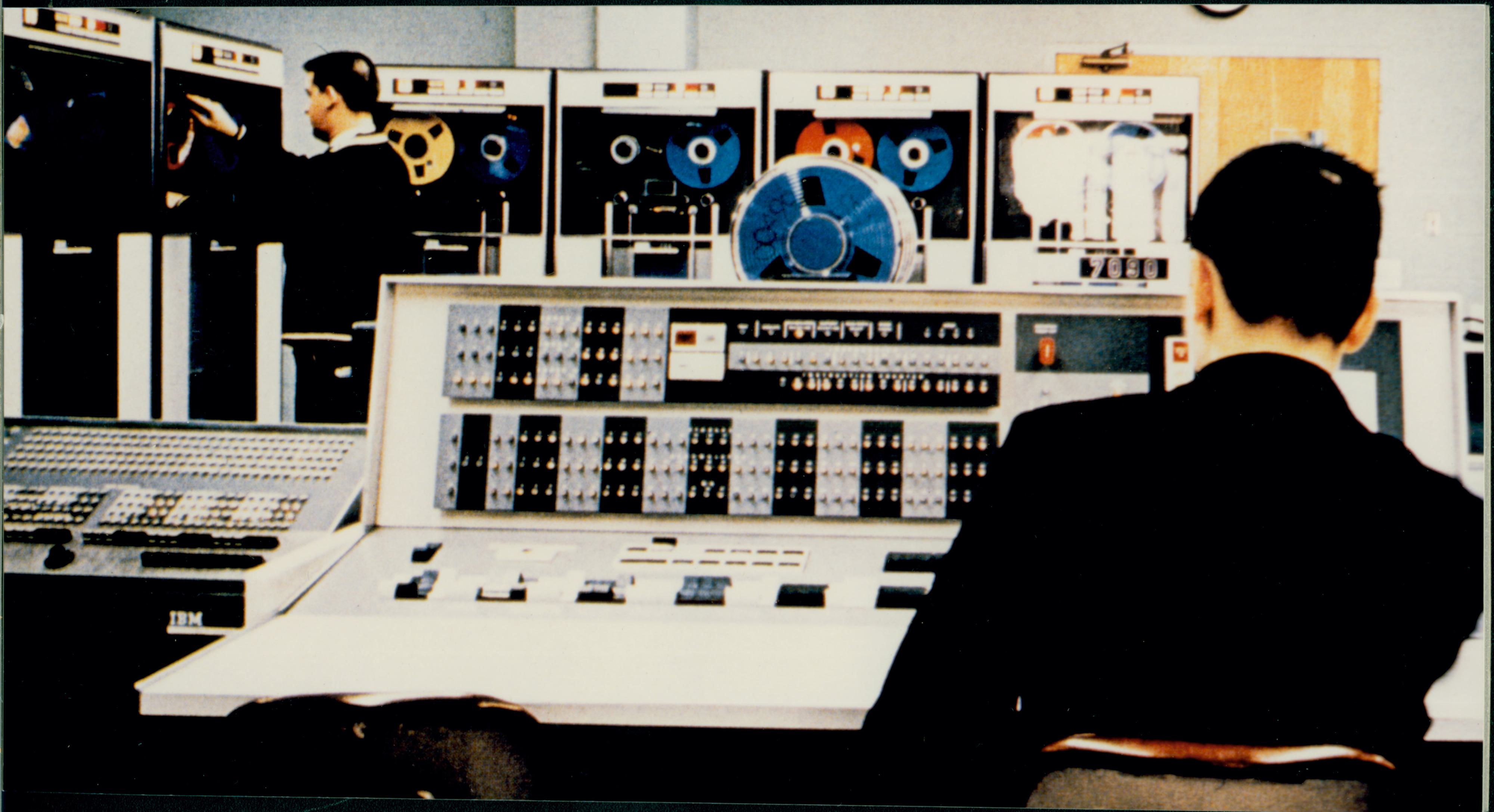 An early IBM computer with off-reel tapes at the University of Maryland campus, 1964