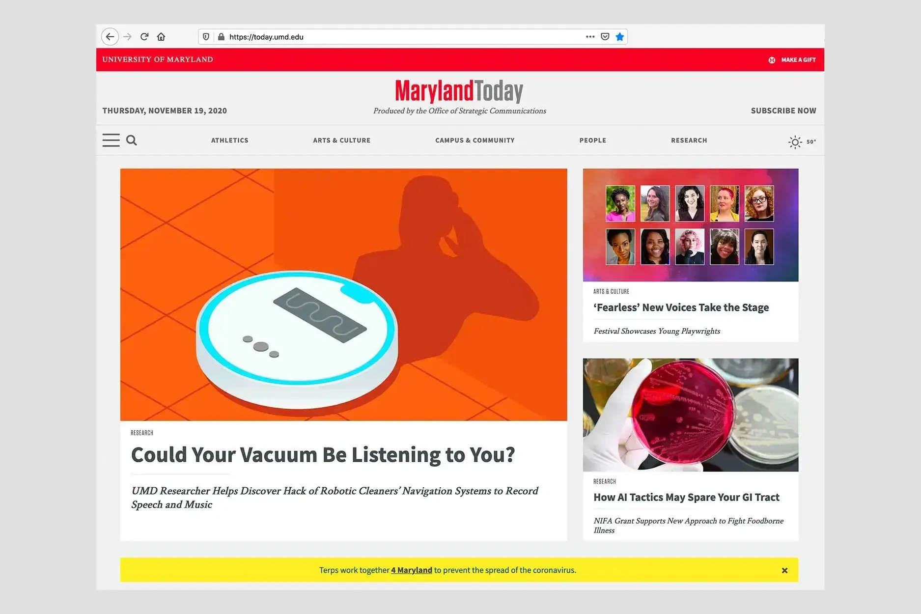 Layout of the Maryland Today homepage featuring articles of the day with large colorful images